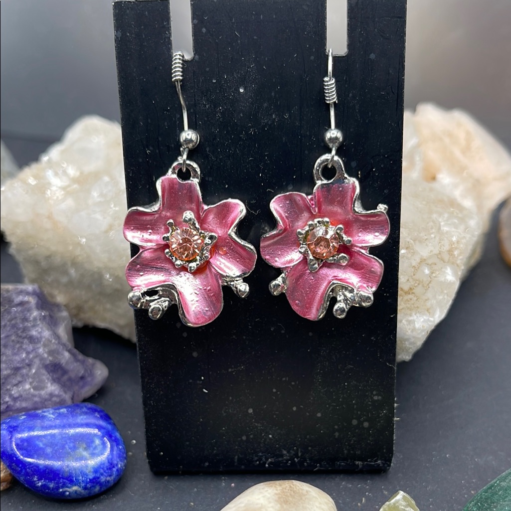 1.19.25_16_ Enameled Pink Orchid And Silver Eurostyle Earrings